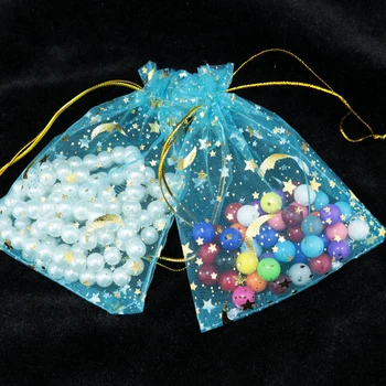 100 adet 9x12cm Çekilebilir organze çantalar Yıldız Ay Göl Mavi renk Düğün noel hediyesi Çanta Takı Ambalaj Poşetleri Torbalar