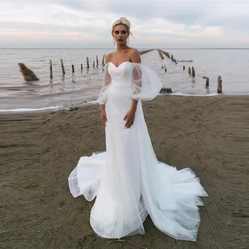 13340 # Zarif Off-Omuz Kabarık Kollu Aç Geri Zarif Mermaid Parlak Dantel Straplez Sweep Tren düğün elbisesi gelin kıyafeti 9