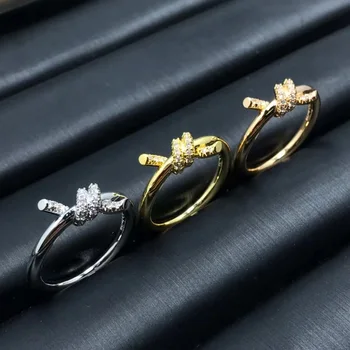 18K Altın Kaplama Düğüm Yüzük Moda Zirkon Düğümlü Çapraz Yay 925 Ayar Gümüş Knuckle Kuyruk Yüzükler Kadınlar İçin Parti Takı