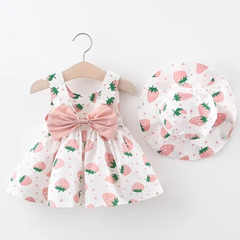 2 adet Bebek Kız Elbise Şapka Elbise Setleri Çilek Baskı Yürümeye Başlayan Çocuk Giysileri Bebek Kolsuz Doğum Günü Partisi Prenses Elbise 21