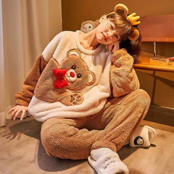 2 ADET Kış Güzel Pijama Seti Kadın Pazen Yumuşak Sıcak Sevimli Ayı Pijama Pijama Kadın Kore Gevşek Gecelik Kız Pijama Sui 8