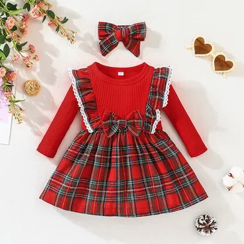 2 adet noel Kostümleri Tarzı Ekose Fırfır Dekor Uzun kollu kırmızı Bebek yeni yıl Giysileri Seti kız elbise çocuklar kızlar için elbiseler 15