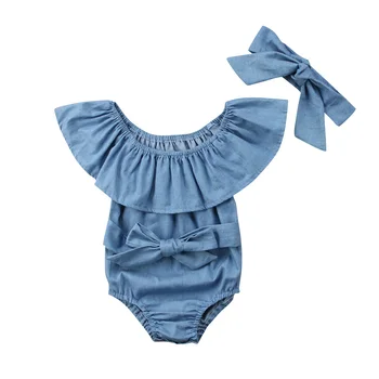 2 Adet Yenidoğan Çocuklar Ruffles Denim Romper Bebek Kız Ön İlmek Tulum Kıyafetler Giysileri 10