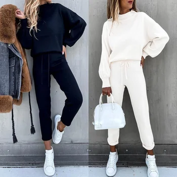 2 Parça Takım Elbise Hoodies Kış Sonbahar Katı Rahat Eşofman Kadın Polar Spor Tişörtü Kazak Ev Sweatpants Kıyafetler 23