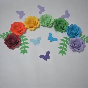 2018 Set 7 Dev Kağıt Çiçekler+4 yaprak + 6 kelebek Vitrin Düğün Arka Planında Sahne flores artificiais para decora o 5