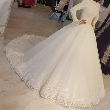 2020 Beyaz Arapça Müslüman Gelinlik Prenses Yüksek Boyun Uzun Kollu Dantel Aplikler gelin elbiseleri Robe De Mariage 15