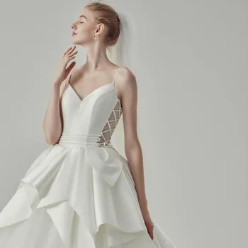2020 Bohemian Gelinlik Spagetti Sapanlar Dantel Aplikler Saten Tül gelinlikler Backless Sweep Tren A-Line düğün elbisesi 1