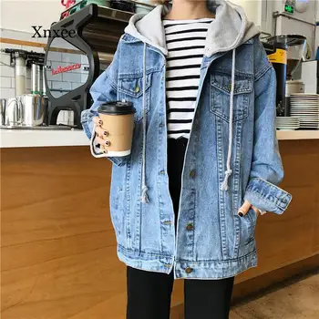 2020 İlkbahar Sonbahar Kore Tarzı Kapşonlu Denim Ceket Kadın Giyim Büyük Boy Gevşek Vintage Öğrenci Kot Ceket Ceket Kadın 17