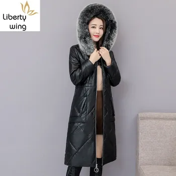 2020 Sıcak Faux Fox Kürk Yaka Kış PU Deri Ceket Kadın Slim Fit Uzun Ceket Kadın Artı Boyutu M-3XL Siyah Pembe Beyaz Moda