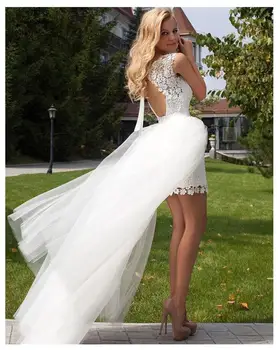 2020 Yeni Prenses Ucuz düğün elbisesi Mini Aplike Ayrılabilir Tren gelinlik Kolsuz Boho gelinlik Vestido De Noiva 3