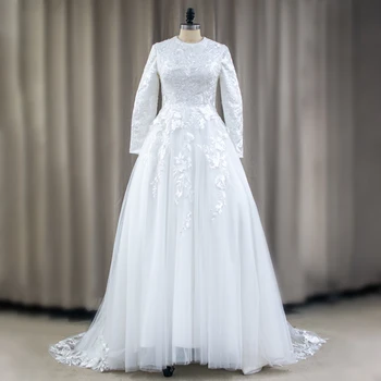 2020 Yeni Tasarımlar O-Boyun İmparatorluğu Uzun Kollu A-Line Gerçek Fotoğraflar Müslüman Gelin Kadınlar düğün elbisesi 17