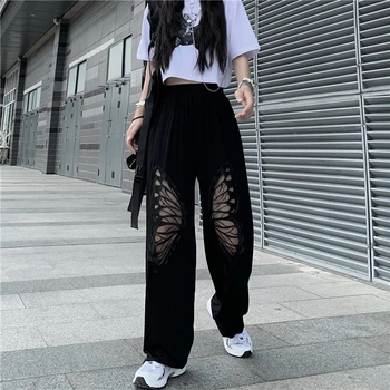 2021 İlkbahar ve Sonbahar Yüksek Elastik Bel Siyah İçi Boş Kelebek Baskı Uzun harem pantolon Yeni Gevşek rahat pantolon Kadın Moda 22