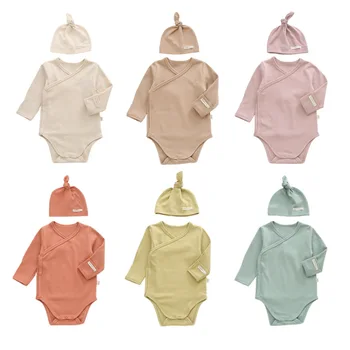 2021 Sonbahar Bebek uzun kollu giyim Romper + Şapka 2 Adet Kıyafet Katı Tulum Yenidoğan Kız Erkek Romper Tulum Bebek Kimono 10