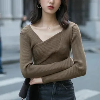 2021 Sonbahar Ve Kış kadın Kazak Kore Versiyonu Düz Renk Düzensiz Uzun kollu V Yaka kazak Mizaç Em* 1