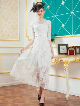 2021 Yaz Dantel uzun elbise Ofis Bayan Kadınlar Hollow Out Beyaz Elbise Abiye Uzun Lüks DZ2757 1