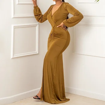 2021 Yaz Düz Renk Rahat Seksi Uzun kollu kadın Elbise Tek parça Elbise Zarif Akşam Mizaç Dar elbise 14