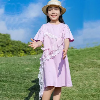2021 Yaz Kız T Shirt Elbiseler Çocuklar Üstleri Çocuk Moda Giyim Kısa Kollu Mor Çocuk Elbise Rahat Tatil Giyim 17