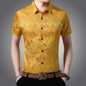 2021 Yeni erkek Moda İpek Gömlek Yaz Çiçek Yumuşak İpek Elbise Erkek Rahat Kısa Kollu Elbise Gömlek 4