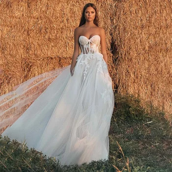 2021 Yeni Tasarım Boho düğün elbisesi A-Line Sevgiliye Boyun Korse Sweep Tren Aplikler Tül Backless Vestido De Noiva 5