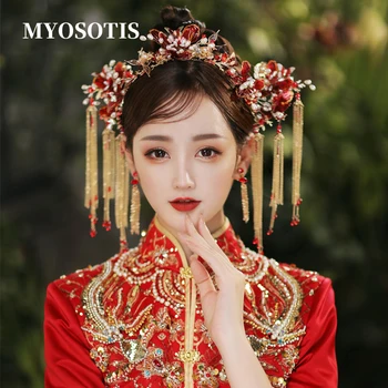2021 Yeni Tasarımlar Geleneksel Çin Kırmızı Düğün saç aksesuarları Tokalar Headdress Gelin Hanfu Başlığı Takılar 14