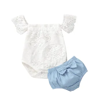 2021 Yenidoğan Bebek Bebek Kız Kapalı Omuz Dantel Katı Romper Üst + yay kısa pantolon seti Kawaii Bebek Kız Giysileri Seti Bimba 6