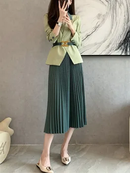 2022 Bahar Yeni Kadın Giyim Uzun kollu Profesyonel Mizaç Bel Zayıflama Üst Pilili Etek İki parçalı Takım Elbise Etek 10