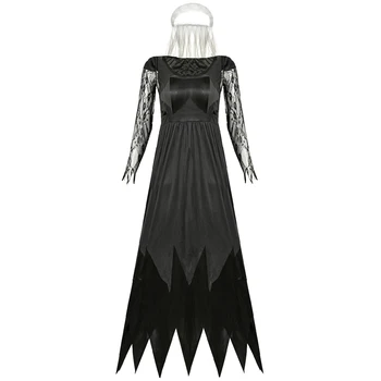 2022 Cadılar Bayramı Kadınlar Seksi Siyah Dantel Net İplik Hayalet Kostüm Prenses uzun elbise Peçe ile Gotik Zombi Kostümleri Cosplay Takım Elbise 20