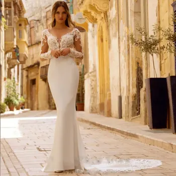 2022 Dantel Aplikler Uzun Kollu Mermaid düğün elbisesi V Yaka Backless gelinlikler Kadınlar İçin Robe De Mariee Custom Made 8