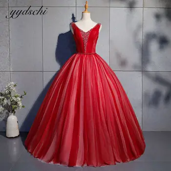 2022 Kolsuz Kırmızı balo kıyafetleri A-Line Boncuk Abiye Zarif Kahverengi Tül Aplikler V Yaka Lace Up Elbiseler De Bal 4
