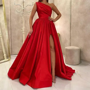 2022 Kırmızı Bir Omuz Bölünmüş Balo Elbise Kadınlar Örgün Parti Gece Vestidos De Gala A-Line Saten Zarif Basit Uzun Abiye giyim 4