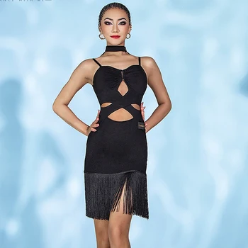 2022 Seksi Siyah Çapraz Belsiz Saçaklı Elbise Kolsuz İçi Boş Latin Dans Elbise Ulusal Standart Uygulama Elbise SL6257