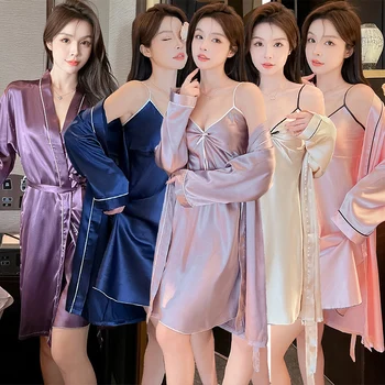 2022 Sonbahar 2 ADET İpek Saten Seksi İç Çamaşırı Gecelikler Bornoz Setleri Kadınlar için Kore Sevimli Pijama Bornoz Gecelik gece elbisesi 16