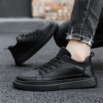 2022 Sonbahar Yeni erkek ayakkabısı Deri Rahat Moda Gençlik Serin Siyah Düz Kaykay Ayakkabı Erkek deri sneakers 11