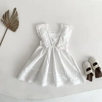 2022 Yeni Bebek Kız Elbise Yaz Çocuk Kolsuz Elbise Pamuk Kız Dantel kemerli elbise Kare Yaka Prenses Elbise Çocuk Giysileri 14