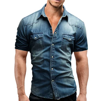 2022 Yeni Erkek İlkbahar Yaz Denim İnce Gömlek Kısa Kollu Yumuşak Pamuklu İki Cepler İnce Hafif Elastik Kot Kovboy Gömlek Giyim 18