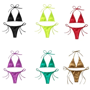 2022 Yeni Katı Halter bikini seti Backless Mayo İki Adet Mayo Beachwear Kravat Yan Üçgen Mayo Kadınlar için 23