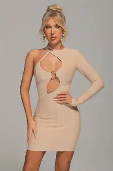 2022 Yeni Sonbahar Stil Kadın Bir Omuz Seksi Bodycon Mini Elbise Rayon Bandaj Moda Gece Kulübü Kutlamak Parti Kostüm Kıyafet 3