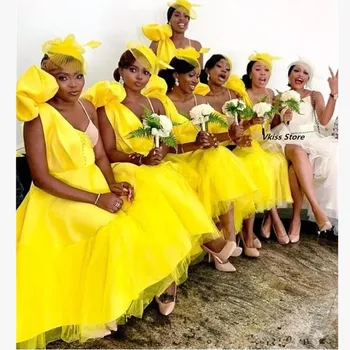 2022 Çay Boyu Afrika Nijeryalı Bir Omuz Kısa gelinlik modelleri Sarı Büyük Yay Dantelli Düğün Konuk Hizmetçi Onur Elbiseler 23