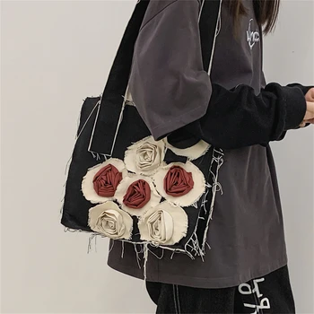 2023 kadın Kovboy Yeniden Kullanılabilir Yeşil alışveriş çantası Eko Lcons Çiçek omuzdan askili çanta Estetik Büyük Kapasiteli kanvas postacı Çantası 3