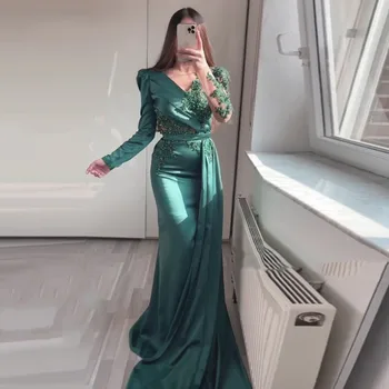 2023 Mermaid balo kıyafetleri Uzun Kollu V Yaka Aplikler Boncuklu Saten Arapça Yeşil Akşam Partisi Törenlerinde Robe De Soriee 22