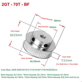 2GT 70 Diş zamanlama kasnağı Delik 17/18/19/20 / 25mm BF kama Senkron Tekerlek Genişliği 6 / 10mm GT2 zamanlama kemeri 3D Yazıcı Parçaları 9