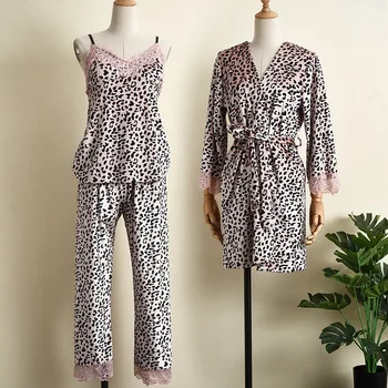 3 Adet Kadife Pijama Kadın Kimono Bornoz Elbisesi 2021 Yeni Leopar Pijama Seti Yumuşak Gecelik Pijama Dantel İç Çamaşırı