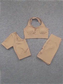 3 ADET Kız Yoga Seti İnce Omuz Sutyen Takım Elbise V-yelek Gömlek Şort Eşofman Dikişsiz Naylon Spor Elastik Sıkı Kadın Koşu Seti 16