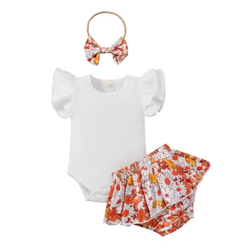 3 Adet Yaz Bebek Kız Giysileri Moda Düz Renk Sinek Kollu Örme Pamuk Romper ve Fırfır Çiçek Şort Kafa Bandı ile 19