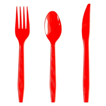 30 adet Kırmızı Plastik Kaşık Bıçak Seti Toplu Sofra Takımı Tek Kullanımlık Çatal Kullanımlık Plastik Sofra 15