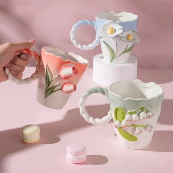 3D Gül Çiçek Fincan Öğleden Sonra Çay dekoratif saplı kupa Vintage Çiçek Kadınlar İçin Doğum Günü Yılbaşı Hediyeleri Seramik Kahve Fincanı 5