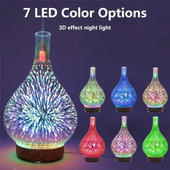3D havai fişek cam uçucu yağ difüzör nemlendirici Usb aromaterapi ahşap tahıl vazo Aroma 7 renk ışıkları ev için Led lamba 5