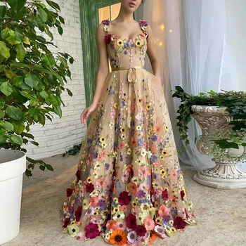 3D Çiçek Tatlı Balo Elbise Kızlar 2023 Akşam Partisi Törenlerinde Şampanya Bir Çizgi Yeni Varış Maxi Düğün Kıyafetleri Robe De Soiree 6