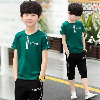 5-12 Yıl Çocuk Boys Yaz kısa kollu tişört + Siyah Kısa Pantolon Pamuk Moda Giyim Seti 10