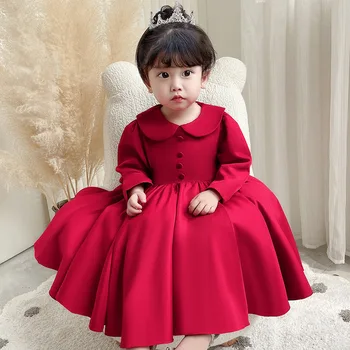 6-36Month Düz Kırmızı Toddler Prenses Elbise Bebek Kız Parti Doğum Günü Uzun kollu Vestido 1 2 3 Yaşında Bebek Giysileri OGF224462 2